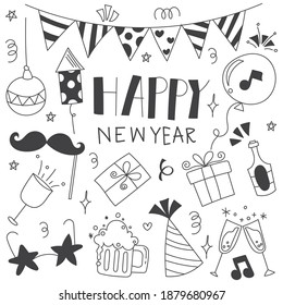 Doodle de Año Nuevo con caja de regalo, quequitos, vino, vela, torta, pájaro y árbol para fondo.