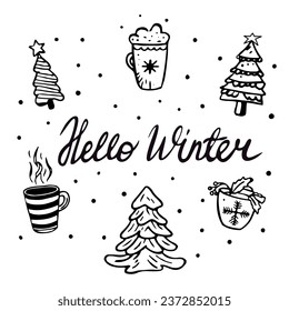 New Year doodle illustration of cozy cups with tea and hot chocolate and Christmas trees. Christmas set of doodle trees and hot drinks.