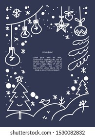 Neue Jahr doodle Poster Vektor Vorlage. Weihnachtshandgezeichnet, Rahmen mit Kopienraum. Cartoon-Hintergrund für Text. Weihnachtskonzert, Neujahrsveranstaltung, Retro-Design für Webbanner