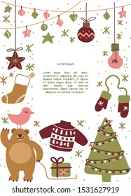 New year doodle poster vector template. Christmas hand drawn frame. Cartoon background for text. New year event Invitation template, web banner design.