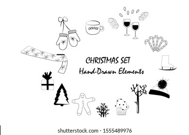 
New year doodle set. Icons of christmas elements by outline. vector. illustration