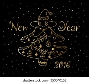 New year doodle tree sketch icons vector illustration. New year 2016 background.  Cartoon hand drawn funny xmas tree with star, candles and gift isolated on black background. 