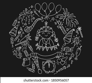 New year doodle vector illustrations. Party element hand drawn cartoon. Set collection of new year, party, birthday icons.