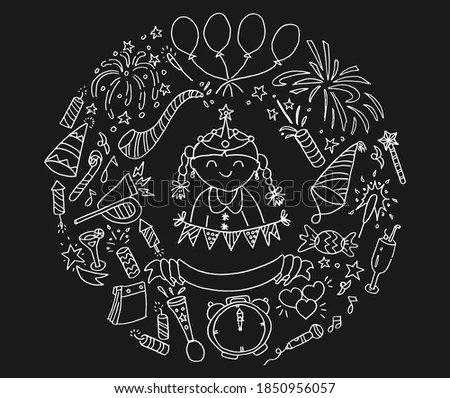 New year doodle vector illustrations. Party element hand drawn cartoon. Set collection of new year, party, birthday icons.