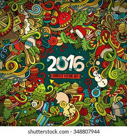 New Year doodles elements frame background. Vector colorful illustration