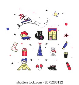 New Year doodles, the set of Christmas holidays icons, Christmas doodles on New Year weekend or winter season, winter holidays doodles.