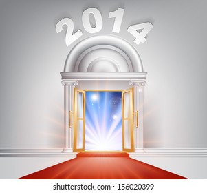 New Year Door 2014 concept of a fantastic white marble door with columns and a red carpet with light streaming through it.