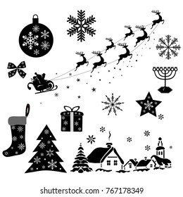 New Year at Doorstep. Set of Xmas Decorative Design Elements in Modern Flat Design. Vector Monochrome Illustration