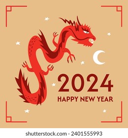 New year of the dragon 2024 banner. Chinese lunar new year. Asian dragon flat vector illustration. Holiday poster, greeting card