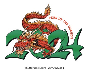 New year dragon colorful poster with red lizard crawling through numbers 2024 for festive Chinese festival invitation vector illustration