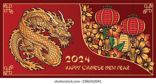 New year dragon colorful sticker with fire mascot of coming year 2024 on red background vector illustration