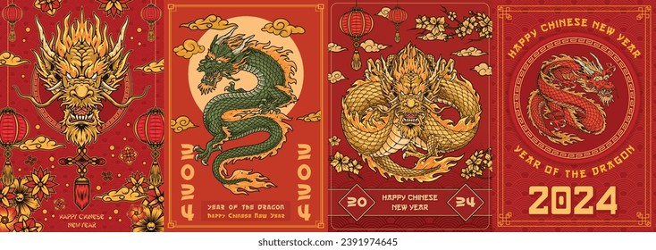 New year dragon set posters colorful with traditional hanging lanterns and clouds for festive Chinese holiday party invitation vector illustration