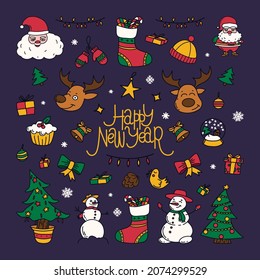 new year drawings icons, large set of festive clip-art graphics. Christmas design elements. Childish cute style