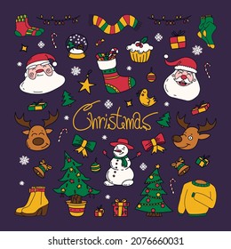 new year drawings icons, large set of festive clip-art graphics. Christmas design elements. Childish cute style
