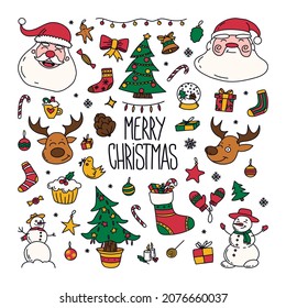 new year drawings icons, large set of festive clip-art graphics. Christmas design elements. Childish cute style