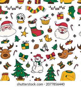 new year drawings icons, large set of festive clip-art graphics. Christmas seamless pattern.