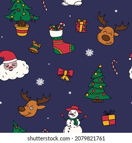 new year drawings icons, large set of festive clip-art graphics. Christmas seamless pattern.