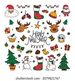 new year drawings icons, large set of festive clip-art graphics. Christmas design elements. Childish cute style