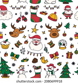 new year drawings icons, large set of festive clip-art graphics. Christmas seamless pattern.