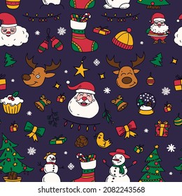 new year drawings icons, large set of festive clip-art graphics. Christmas seamless pattern.