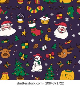 new year drawings icons, large set of festive clip-art graphics. Christmas seamless pattern.