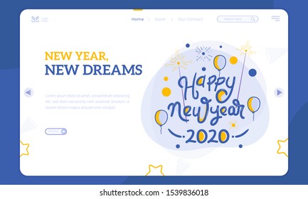 Nuevo año nuevo, Diseño plano con letras de "Feliz Año Nuevo 2020" en la plantilla de la página de inicio