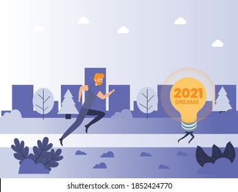 New Year Dreams vector concept: Man chasing lightbulb with number 2021 and Dreams text on the road