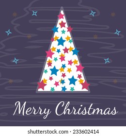 New year dressed fir tree with stars of different colors, vector illustration. Holiday greeting card with text.