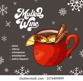 New Year drink recipe. Card with hand drawn element and snowflake. Vector illustration for menu, cafe, restaurant with lettering