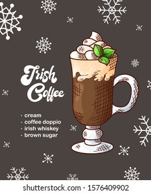 New Year drink recipe. Card with hand drawn element and snowflack. Vector illustration for menu, cafe, restaurant with lettering