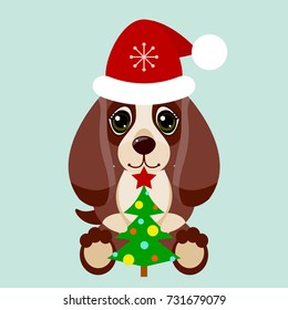 New Year: Eastern calendar. Year of the dog. A dog in Santa hat. Christmas dog with New Year tree.