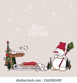 New Year element collection. Winter holiday and celebrations set. Snow ball, snowman, Christmas tree, sleigh, direction sign, hand drawn, vector sketch.