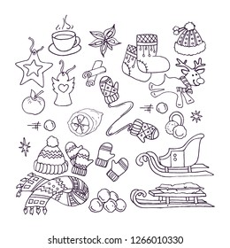 New Year element collection. Winter holiday and celebrations set. Christmas tree, decorations, gift box, soft toy, lights, stars, snow, hand drawn, vector sketch.