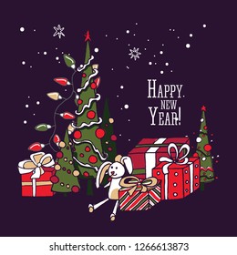 New Year element collection. Winter holiday and celebrations set. Christmas tree, gift box, soft toy, snow, garland, colored lights, dark background, hand drawn, vector sketch, isolated.