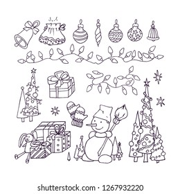 New Year element collection. Winter holiday and celebrations set. Snowman, Christmas tree, gifts, bag, bell, Christmas tree decorations, garland, gloves, stars, hand drawn, vector sketch, isolated.