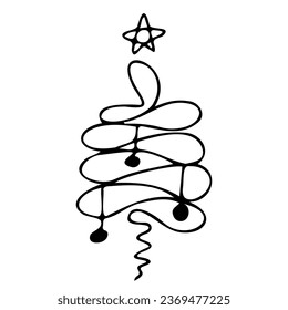 New year element fir or pine with christmas toys and star. Hand drawn Sketch Christmas tree