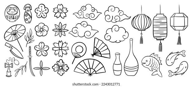 New year element japanese style vector set. Hand drawn doodle collection of Japanese daruma, flowers, clouds, lanterns, kendama toy, katana sword, fish, sake bottle. Design for sticker, stamp, card.