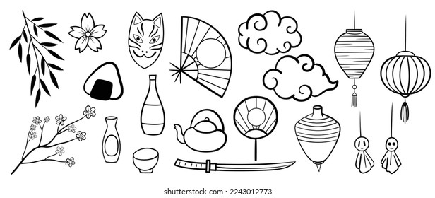 New year element japanese style vector set. Hand drawn doodle collection of Japanese fox mask, fan, floral leaf branch, clouds, lanterns, katana sword, sake bottle. Design for sticker, stamp, card.