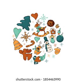 Die Elemente des neuen Jahres mit den Farben im Kreis 