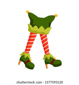 New year elf feet flat vector illustration. Santa helper in high heel shoes cartoon character. Cute christmas fairy isolated on white background. Elfin legs in striped red socks with xmas hat.