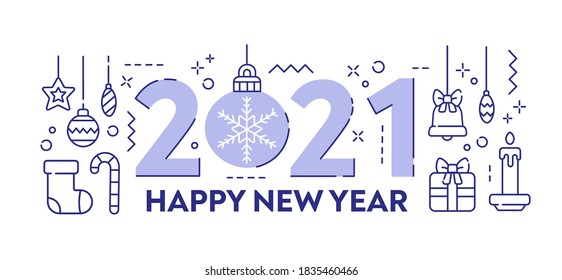 New Year emblem 2021 number design. New year tree decorations, gifts and candy element