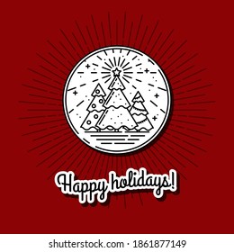 New Year Emblem with Christmas Trees. Vector illustration. Happy Character with a Star, Radiance, Snowflakes and Greeting. Icon for Cards, Gift Tags, printing on Holiday Souvenirs, banners and labels.