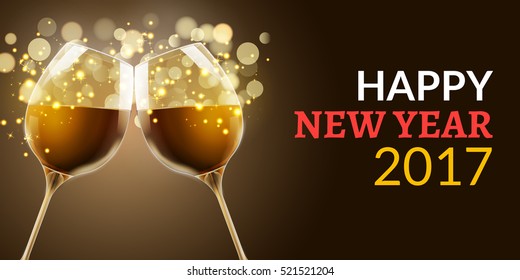 New Year eve 2017. Holiday illustration of two wine glasses. Drink luxury celebration of new year. Vector party alcohol decoration.