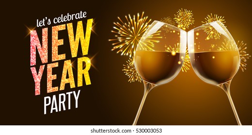 New Year eve 2017. Holiday illustration of two wine glasses. Drink luxury celebration of new year. Vector party alcohol decoration with fireworks