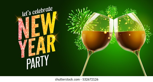 New Year eve 2017. Holiday illustration of two wine glasses. Drink luxury celebration of new year. Vector party alcohol decoration with fireworks.