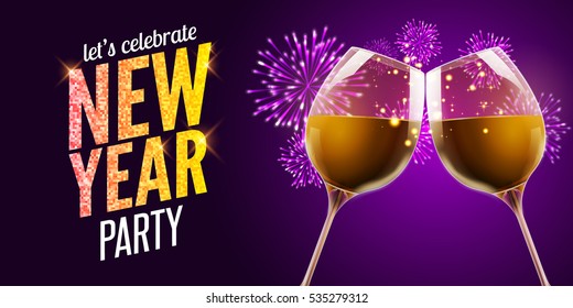 New Year eve 2017. Holiday illustration of two wine glasses. Drink luxury celebration of new year. Vector party alcohol decoration with fireworks