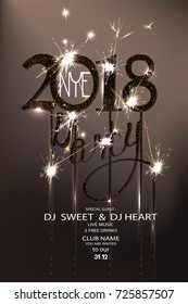 New Year Eve 2018 Party Invitation Card With Sparklers And Serpentine. Vector Illustration