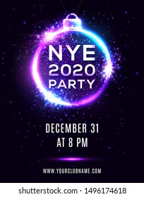 New Year Eve 2020 party poster on dark blue background. NYE beautiful holiday banner, hanging Xmas ball shape electric circle frame. Disco night flyer invitation design template vector illustration.