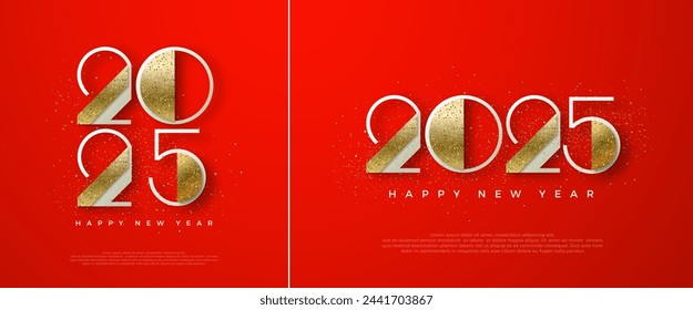 New Year Eve 2025, Poster Banner Happy New Year 2024 with luxury glitter numbers. Vector Premium for greetings, celebrations and welcoming the new year 2025.