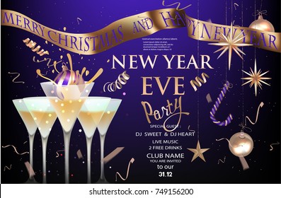 New year eve banner with glasses with cocktail and christmas decorations. Gold and purple. Vector illustration